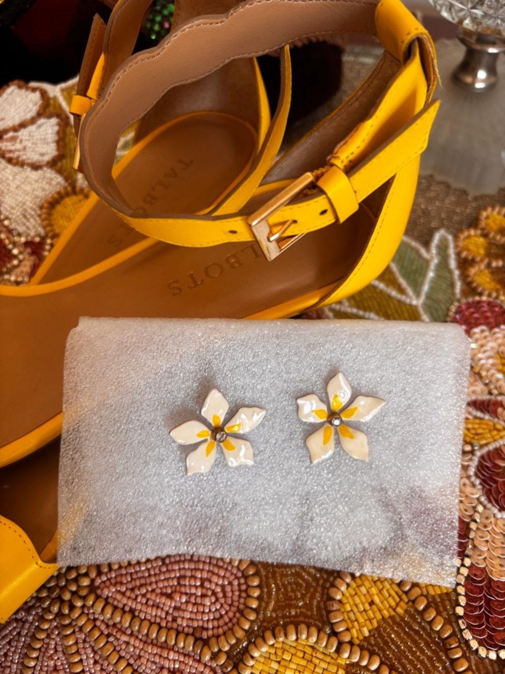 Anthropologie Flower Earrings - Cream & Yellow crystal accent